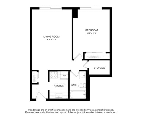Floor plan for 1 bed, 1 bath, 670 sqft